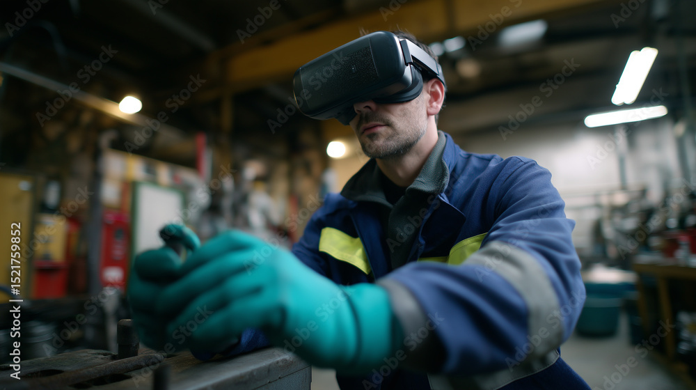 Poster factory worker using virtual reality headset and gloves for training or machinery operation.