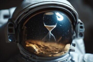 Fototapeta premium Hourglass Reflection in Astronaut Helmet Visor Symbolizing Cosmic Time