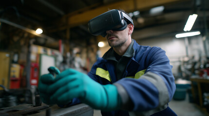 Factory worker using virtual reality headset and gloves for training or machinery operation.
