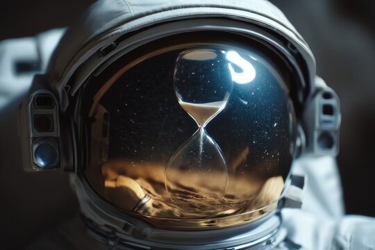 Hourglass Reflection in Astronaut Helmet Visor Symbolizing Cosmic Time