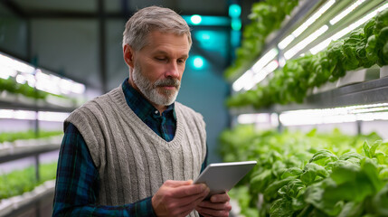 Man using tablet to monitor crops inside an indoor vertical farm.

