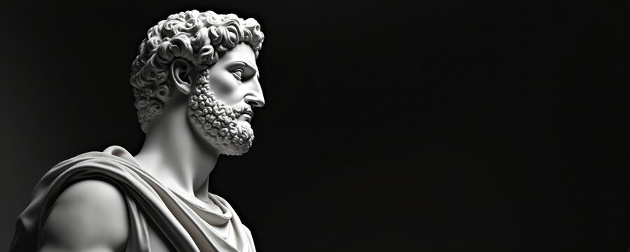 Classical marble sculpture portrait, stoic face profile. Gentle, serene male statue with copy space background for quotes, art design. Elegant neoclassic art decor, beauty perfection.