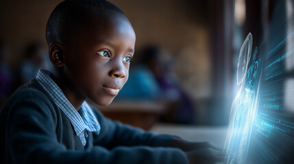 Focused young boy using a digital laptop in a classroom with futuristic light effects.
