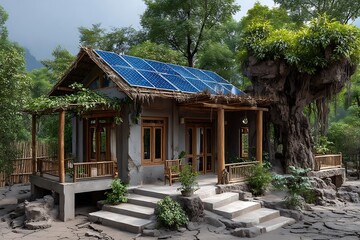 Fototapeta premium Wooden eco house fitted with solar high resolution picture