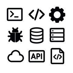 developer backend icon set. black symbols for coding, bug, server, api, cloud, script, gear and database in flat minimal style.