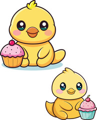  Cute Cartoon Ducklings Holding Cupcakes – Kawaii Style Vector Illustration