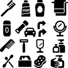 daily hygiene icons. black icons for toothbrush, soap, towel, mirror, comb, razor, hand wash, tissue, sponge and shower.