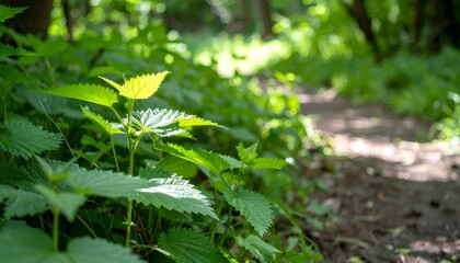 Close up of common nettle leaves growing near a forest path, illuminated by sunlight filtering through the trees