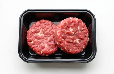 Two raw beef burger patties in a black plastic tray. Minced uncooked meat is ready for cooking. Supermarket food product for lunch dinner meal preparation.