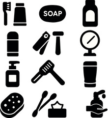 Fototapeta premium personal care icon pack. hygiene essentials including toothbrush, soap, shampoo, lotion, sponge, cotton swab, mirror and hand wash in black vector.