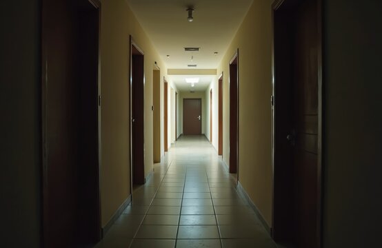 Long corridor with doors leads to the light. Empty interior space, architecture concept. Dark walls, light floor and ceiling. Entrance or exit way, indoor hall.