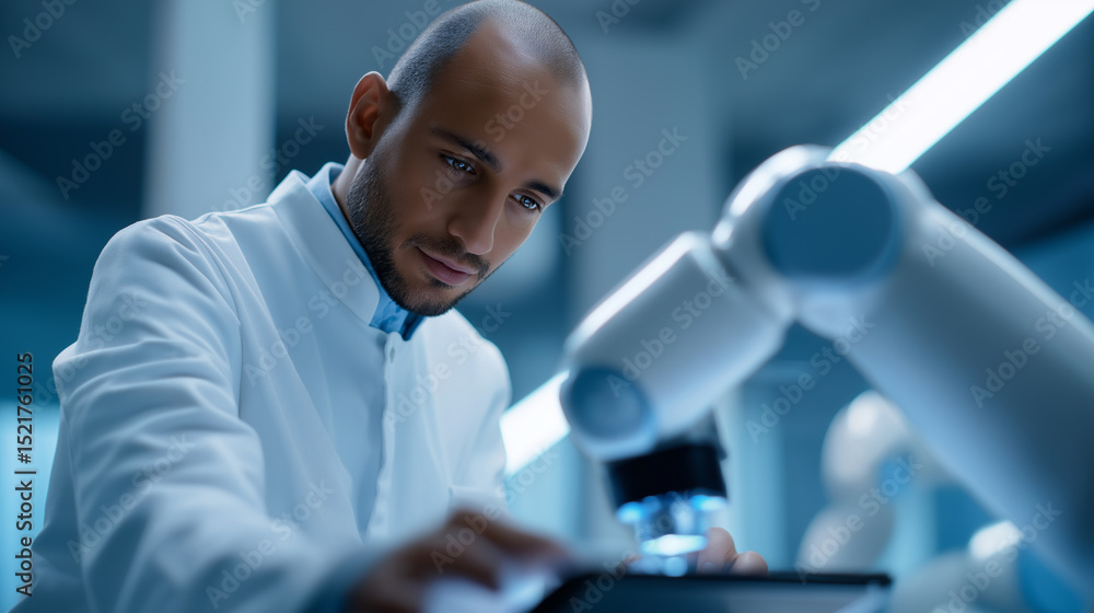 Poster male scientist in a lab coat using a robotic arm and tablet in a high-tech laboratory.