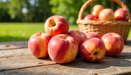 Fresh apples stacked on rustic wooden table with basket in garden  