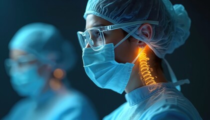 Close-up of female surgeon with x-ray effect on neck spine, showing bones, cartilage structure. Medical worker in surgical mask, eyeglasses. Medical science concept with dark background, blurred
