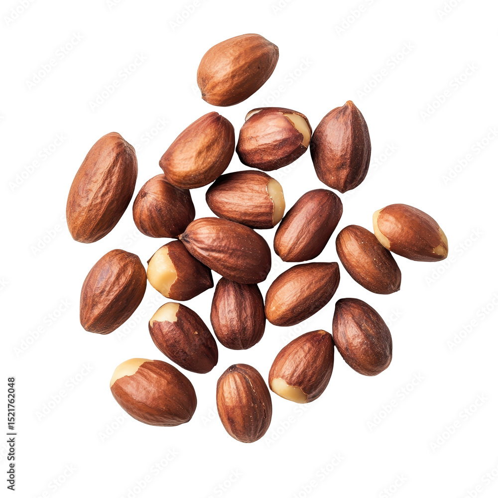 Poster nuts scattered on a white background showing detail and texture