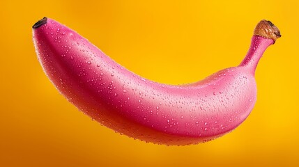 Pink Banana with Water Droplets on Orange Background