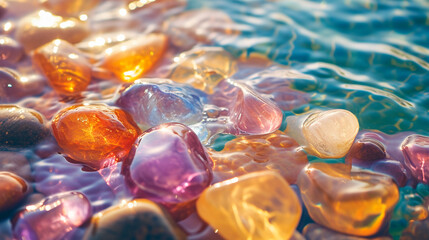 Many colorful beautiful crystal stones in clear water