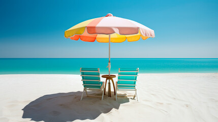lounge chairs on the beach. beach chair and umbrella, vacation background. Edited generative ai 