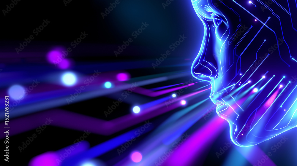 Poster futuristic digital face rendered in neon lines and glowing patterns, representing artificial intelli