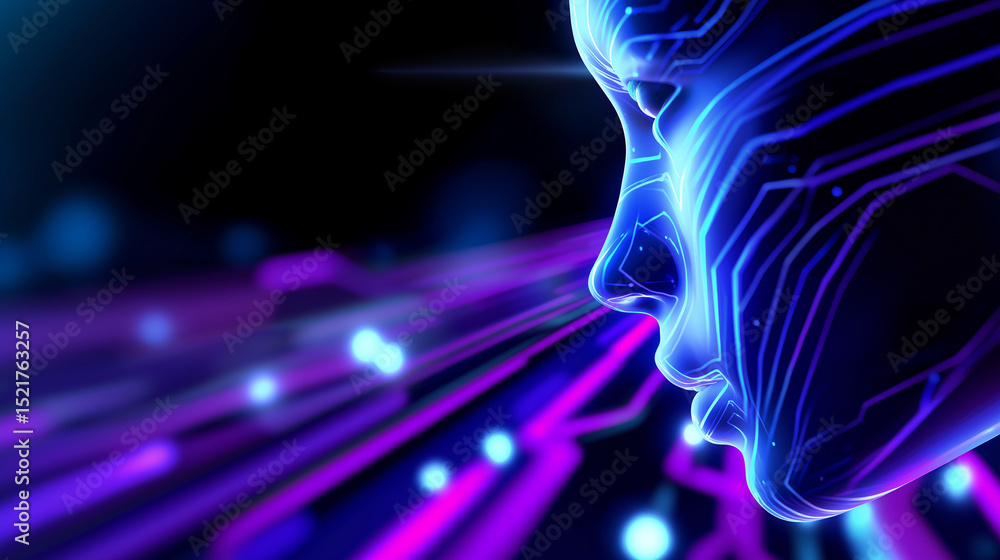 Poster futuristic digital face rendered in neon lines and glowing patterns, representing artificial intelli
