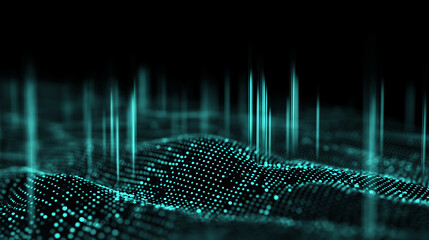 Abstract 3D landscape made of glowing data points, visualizing digital waves and futuristic data flow.
