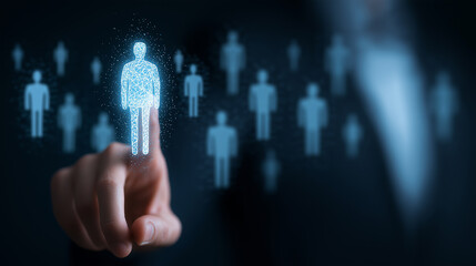 Businessperson interacting with a digital interface to select a virtual human avatar, symbolizing AI and recruitment.
