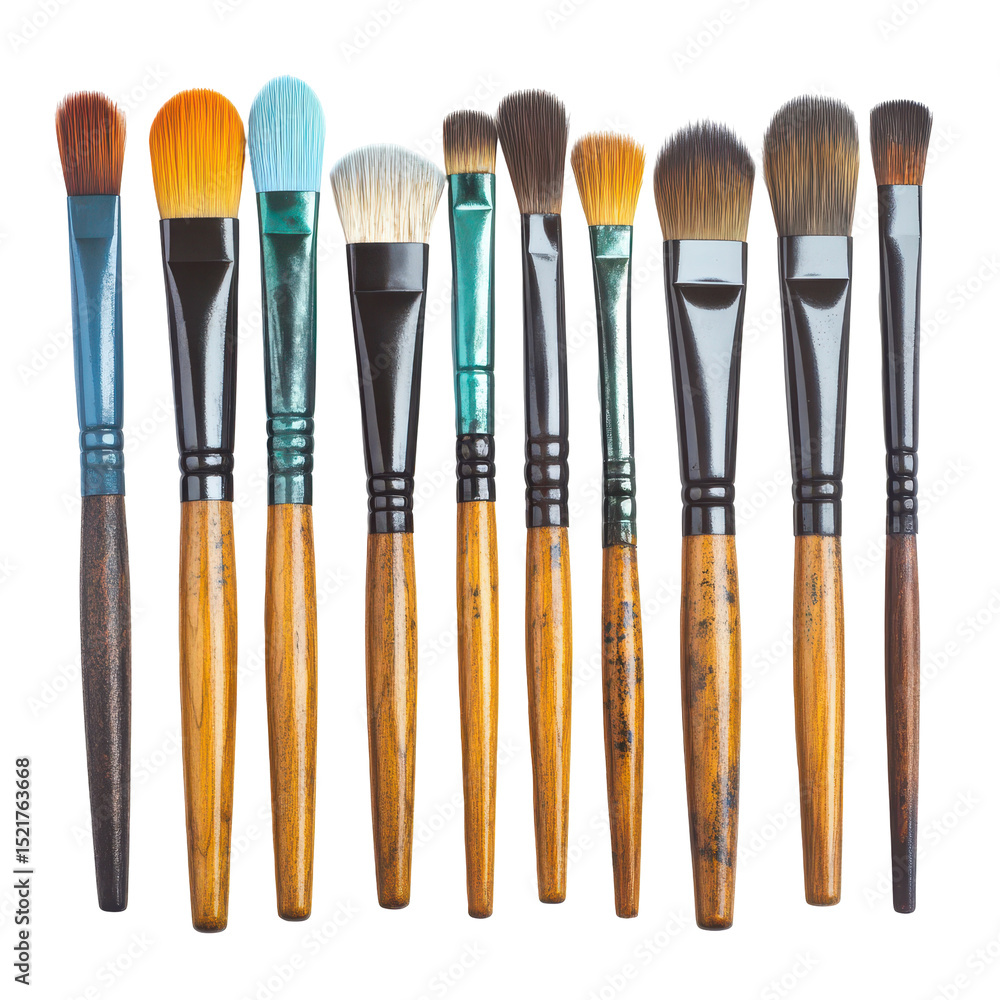 Poster array of paintbrushes arranged in neat row showcasing different shapes and sizes for various artisti