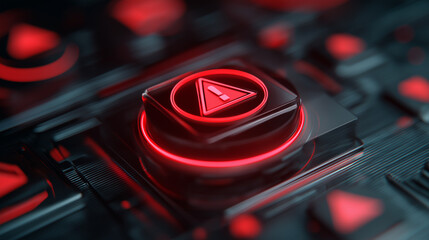 Futuristic red play button glowing on a black digital interface, symbolizing media, technology, and streaming.
