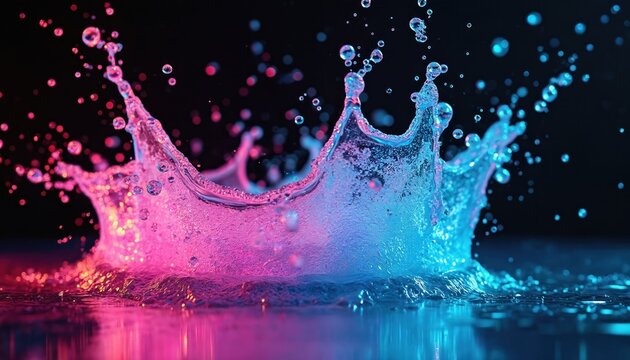 Splash of water on neon light background. Bright blue, purple colors with abstract 3D shapes, glowing surface texture. Clean, transparent, digital paint effect in futuristic vibrant style.