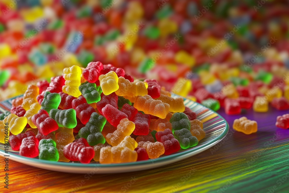 Poster a plate overflows with colorful gummy bears, creating a playful display on a vibrant tabletop filled