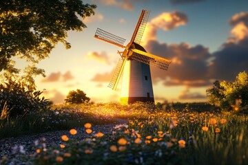 A picturesque windmill stands gracefully in a vibrant field filled with wildflowers, illuminated by the soft golden light of dawn, creating a serene and tranquil atmosphere