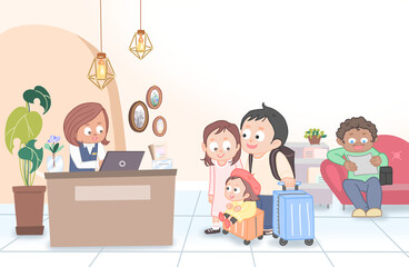Family Checking In at Hotel Reception – Travel Illustration