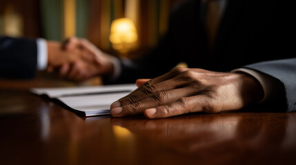 Close-up of business handshake over signed contract in formal office setting.
