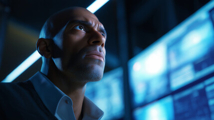 Focused man monitoring data streams on multiple digital screens in secure server room.
