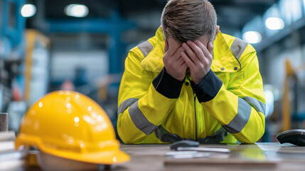 Construction worker in high-visibility jacket sitting stressed with head in hands at industrial site.
