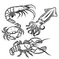 Black and White Sketch Illustration of Various Seafood