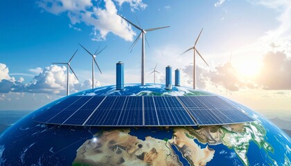 Scene with solar, wind, battery and other icons floating on the planet. Sustainable energy and global infrastructure