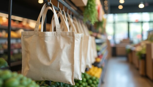 Eco-friendly reusable grocery bags display in store. Canvas tote bags hanging on racks. Sustainable shopping concept. Reduce plastic use. Green lifestyle choice. Zero waste living. Focuses on - Powered by Adobe