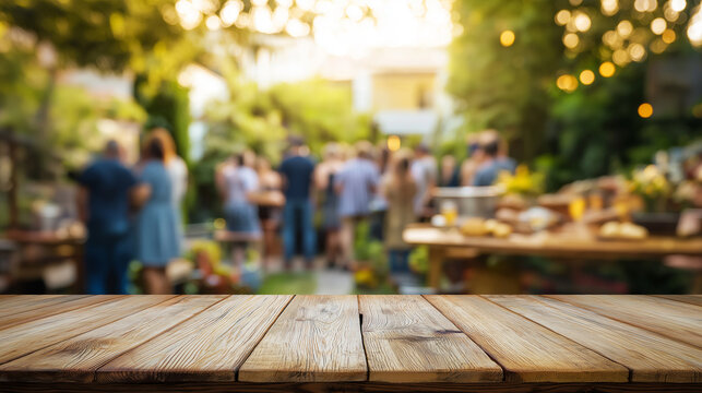 Wooden table with blurred backyard barbecue party and people socializing at sunset.

