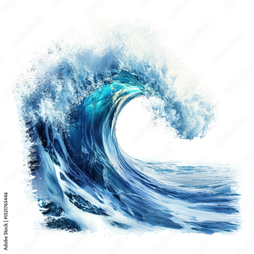 Poster powerful ocean wave crashing in bright sunlight creating foam and sparkle in the clear coastal water