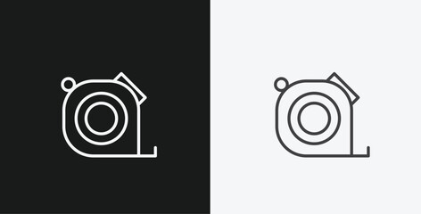 Retractable Measuring Tape or Tape Measure on Black and White Backgrounds, Representing Construction or Measurement, White Outline Icon