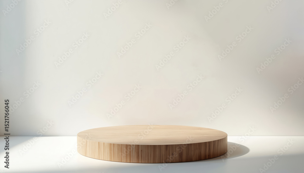 Poster minimalistic wooden podium stage product display. empty round dais against white background with nat