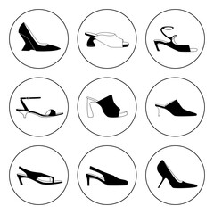 Vector set of icons with silhouettes of women's shoes with heels in black and white minimalist style. Ideal for projects on the topic of fashion, style, women's accessories and shoe branding.