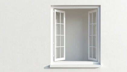 Open white window on white wall. Minimalist design of exterior home with natural daylight. Architectural detail, house facade, construction. Empty room with sunlight from window.
