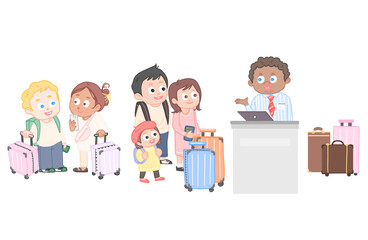 Family at Airport Check-in Counter – Travel Illustration