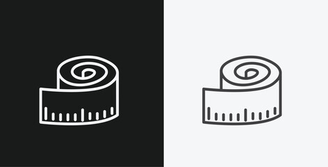 Rolled Measuring Tape with Markings on Black and White Backgrounds, Representing Measurement or Tailoring, White Outline Icon