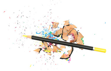 wooden crayons with shavings isolated on white, top view	