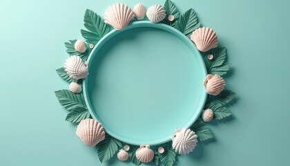 Circular frame composed of seashells tropical leaves on pastel blue backdrop. Summer design, coastal, nautical theme for vacation travel. Decoration styling concept for invitation, greeting card