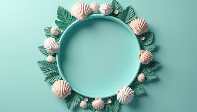 Circular frame composed of seashells tropical leaves on pastel blue backdrop. Summer design, coastal, nautical theme for vacation travel. Decoration styling concept for invitation, greeting card