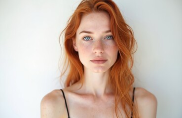 Close-up portrait of stunning woman with vibrant ginger hair blue eyes. Confident gaze, pale skin, freckles, natural beauty, positive emotions, health. Young redhead beauty on white background,
